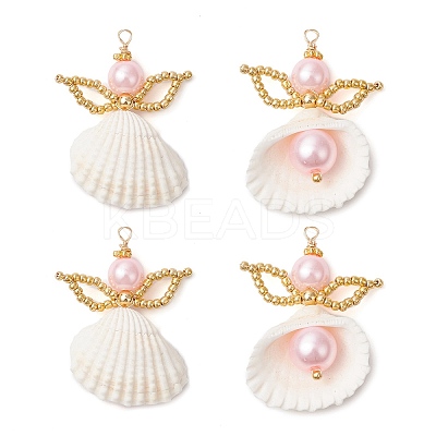 4Pcs Natural Clam Shell & Glass Angel Pendants PALLOY-MZ00717-02-S-1