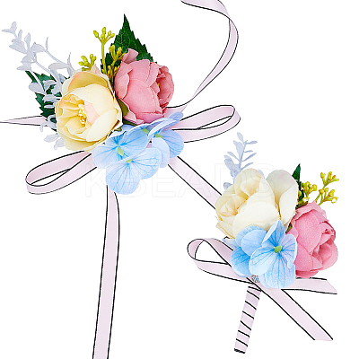 2Pcs 2 Style Silk Cloth & Plastic Imitation Flower Wrist Corsage & Corsage Boutonniere AJEW-CP0007-26B-1