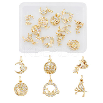 12Pcs 6 Style Brass Micro Pave Clear Cubic Zirconia Charms KK-FW0001-11-1