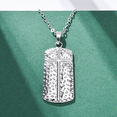 Texture Rectangle with Cross 304 Stainless Steel Pendant Necklaces NJEW-H059-12P-1