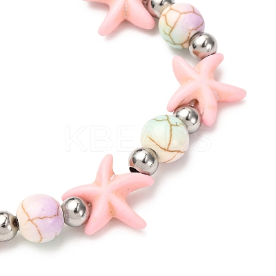 Starfish Synthetic Turquoise Beads & Brass Beads Stretch Bracelets BJEW-JB12417-02-1