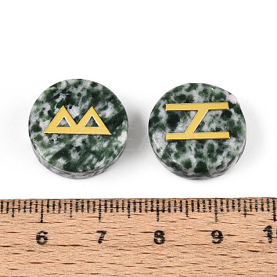 Brass Elder Futhark Alphabet Engraved Symbol Flat Round Natural Green Spot Jasper Rune Stones G-I373-01N-1