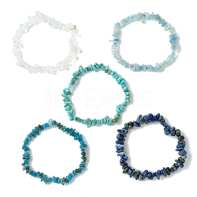 5Pcs 5 Styles Natural Quartz Crystal & Lapis Lazuli & Apatite & Aquamarine & Howlite Chip Beaded Stretch Bracelet Sets BJEW-JB10839-1