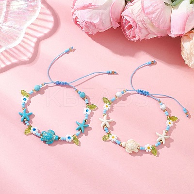 2Pcs 2 Colors Ocean Theme Synthetic Turquoise & Glass Seed Beaded Bracelets BJEW-MZ00305-1