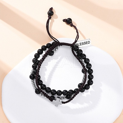 Adjustable Natural Obsidian & Hematite Braided Bead Bracelets BJEW-U035-01A-1