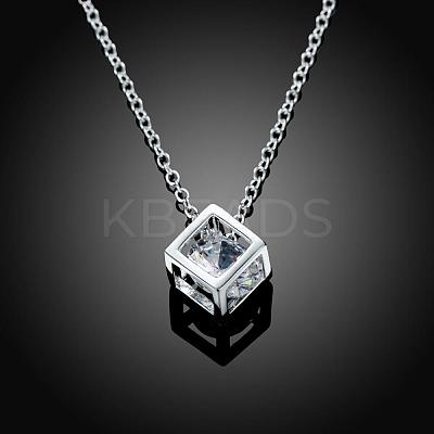 Silver Color Plated Brass Cubic Zirconia Cube Pendant Necklace NJEW-BB00455-1