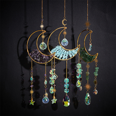 1Pc Alloy & Natural Gemstone Chips Moon Hanging Ornaments HJEW-BBC0001-17C-1