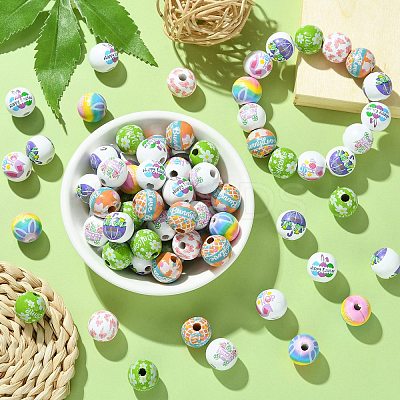 100Pcs 8 Styles Printed Wood European Beads WOOD-CJ0001-84-1