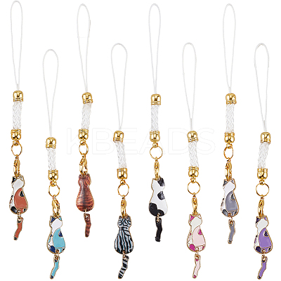 16Pcs 8 Colors Cat Shape Alloy Glass Mobile Straps HJEW-SC00126-1