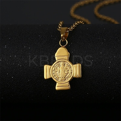304 Stainless Steel Saint Benedict Cross Pendant Necklaces for Women NJEW-G187-03G-1