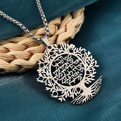 201 Stainless Steel Hollow Tree of Life Pendant Box Chain Necklaces NJEW-M086-04P-1