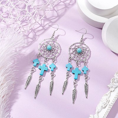 Cross Synthetic Turquoise Dangle Earrings EJEW-JE06330-01-1