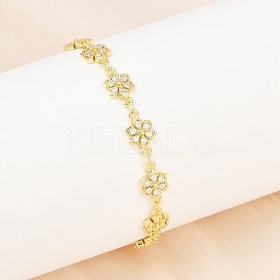 Clover Brass Micro Pave Clear Cubic Zirconia Link Chain Bracelets for Women BJEW-A090-03G-1