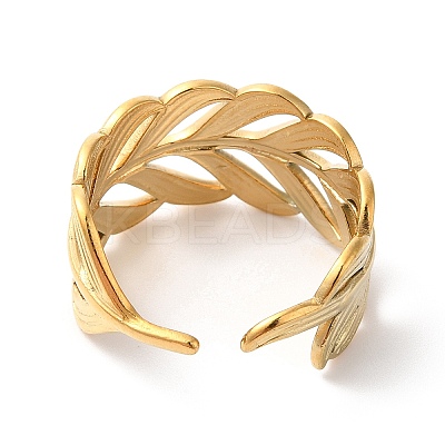 Ion Plating(IP) 304 Stainless Steel Leafy Branch Open Cuff Ring for Women RJEW-K245-31G-1