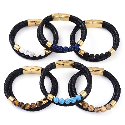 Mixed Stone Round Bead Leather Cord Multi-strand Bracelets BJEW-A009-10G-1
