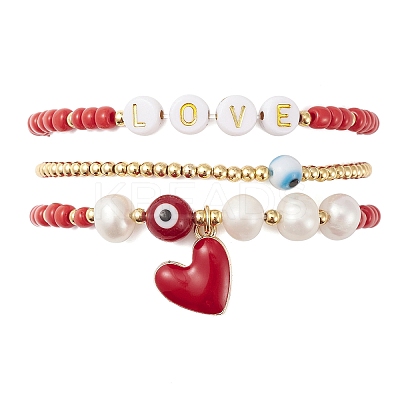 3Pcs 3 Style Natural Pearl & Glass & Acrylic Word Stretch Bracelets Set BJEW-TA00319-1