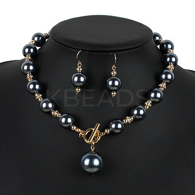 ABS Plastic Imitation Pearl Round Beaded Pendant Necklaces & Dangle Earrings Sets for Women WGD1C77-05-1
