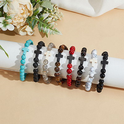 8Pcs 8 Styles Round & Cross Beaded Stretch Bracelets for Men Women BJEW-GO0001-37-1