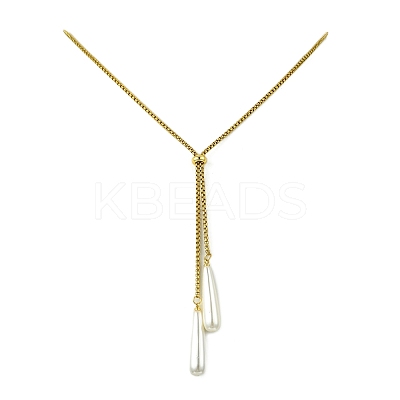 Adjustable Electroplate Shell Pearl Teardrop Tassel 304 Stainless Steel Box Chain Slider Lariat Necklaces for Women NJEW-JN06021-1