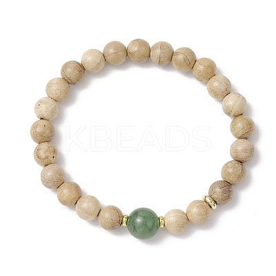 3Pcs Natural African Padauk Wood & Sandalwood & Wood & Striped Agate & Green Aventurine & Quartz Crystal Round Beaded Stretch Bracelets for Women BJEW-JB11929-1