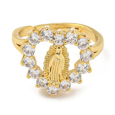Heart with Saint Rack Plating Brass Micro Pave Cubic Zirconia Adjustable Rings RJEW-I105-04G-06-1