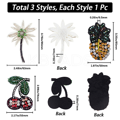 3Pcs 3 Style Tree & Pineapple & Cherry Rhinestone Beading Applqiues PATC-GF0001-26-1