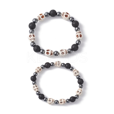2Pcs Halloween Skull Synthetic Turquoise & Round Lava Rock & Synthetic Non-Magnetic Hematite Beaded Stretch Bracelet Sets for Women BJEW-JB10656-1