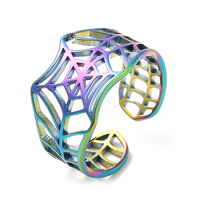 Ion Plating(IP) 304 Stainless Steel Hollow Spider Web Open Cuff Ring for Women RJEW-M149-25RC-1