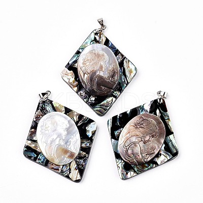Brass Paua Shell with Black Lip Shell Rhombus Big Pendants SSHEL-F0006-29-01-1