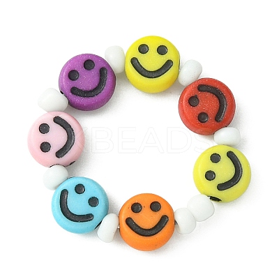 5Pcs 5 Style Smiling Face Acrylic & Glass Seed Stretch Rings Set RJEW-TA00071-1