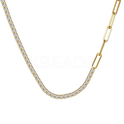 925 Sterling Silver Pave Clear Cubic Zirconia Paperclip Chain Necklaces for Women NJEW-Q342-10G-1
