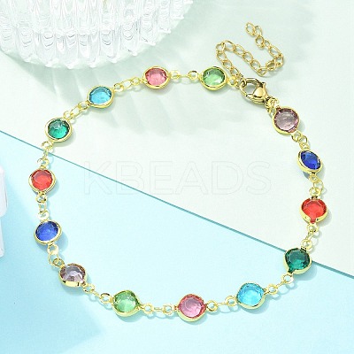304 Stainless Steel Flat Round Acrylic Rhinestone Cup Chain Anklets for Women LS-AJEW-B031-02G-02-1