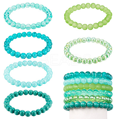 6Pcs 6 Styles 8mm Glass Round Beaded Stretch Bracelet Sets BJEW-TAC0025-1