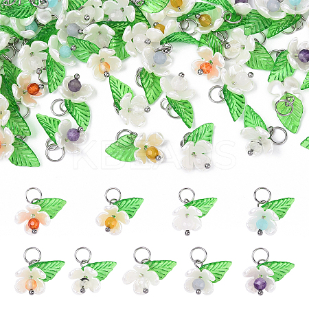 40Pcs 8 Colors Natural Mixed Gemstone & ABS Plastic Imitation Pearl & Acrylic Leaf Pendants PALLOY-YW00095-1