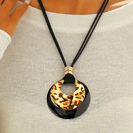 Alloy Leopard Print Ring Pendant Black Cord Necklaces FS-WG3AB90-02-1