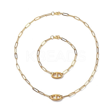 304 Stainless Steel Oval Link Bracelet and Necklace with Paperclip Chains SJEW-JS01254-1