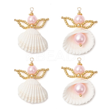 4Pcs Natural Clam Shell & Glass Angel Pendants PALLOY-MZ00717-02-S-1
