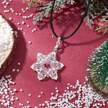 Electroplate Glass & TOHO Round Seed Beaded Snowflake Pendant Black Waxed Cotton Cord Necklaces for Women NJEW-MZ00125-1