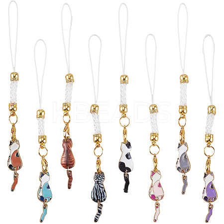 16Pcs 8 Colors Cat Shape Alloy Glass Mobile Straps HJEW-SC00126-1