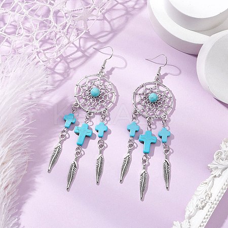 Cross Synthetic Turquoise Dangle Earrings EJEW-JE06330-01-1