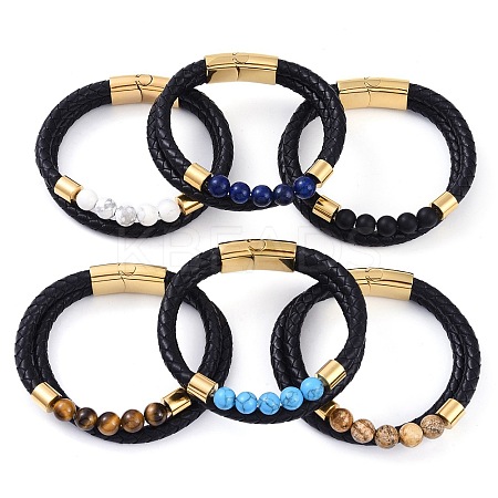 Mixed Stone Round Bead Leather Cord Multi-strand Bracelets BJEW-A009-10G-1