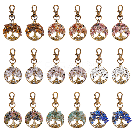 36Pcs 9 Styles Flat Round with Tree of Life Natural Gemstone Chips Pendant Decorations HJEW-FH00052-1