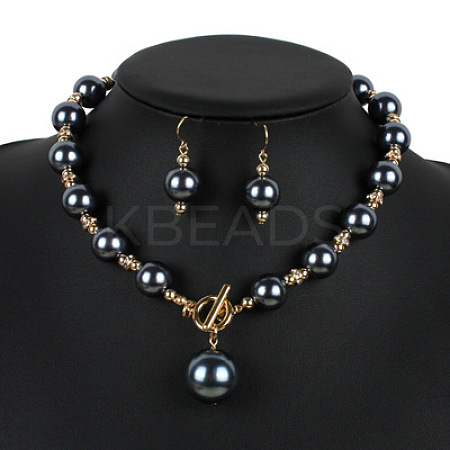 ABS Plastic Imitation Pearl Round Beaded Pendant Necklaces & Dangle Earrings Sets for Women WGD1C77-05-1