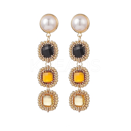 Glass Rectangle Beaded Long Dangle Stud Earrings with Imitation Pearl EJEW-TA00141-02-1