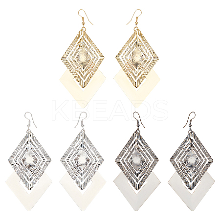 3 Pair 3 Color Alloy Rhombus Dangle Earrings for Women EJEW-FI0001-08-1