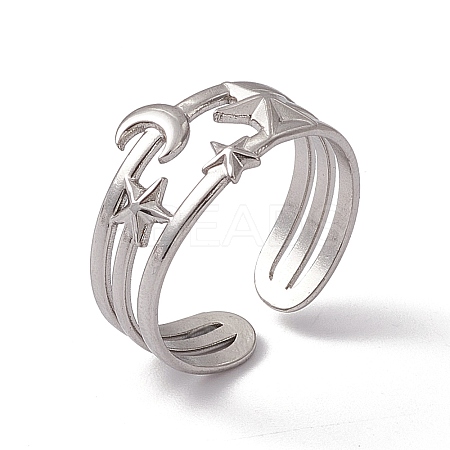 304 Stainless Steel Star & Moon Open Cuff Ring for Women RJEW-C045-13P-1