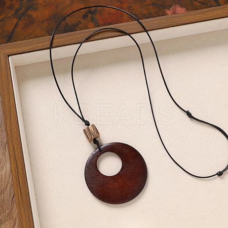 Wood Pendant Black Wax Cord Long Necklaces for Women FS-WG36920-13-1