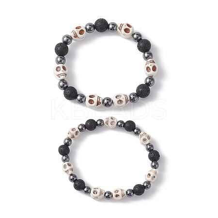 2Pcs Halloween Skull Synthetic Turquoise & Round Lava Rock & Synthetic Non-Magnetic Hematite Beaded Stretch Bracelet Sets for Women BJEW-JB10656-1