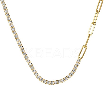 925 Sterling Silver Pave Clear Cubic Zirconia Paperclip Chain Necklaces for Women NJEW-Q342-10G-1
