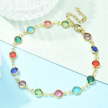 304 Stainless Steel Flat Round Acrylic Rhinestone Cup Chain Anklets for Women LS-AJEW-B031-02G-02-1